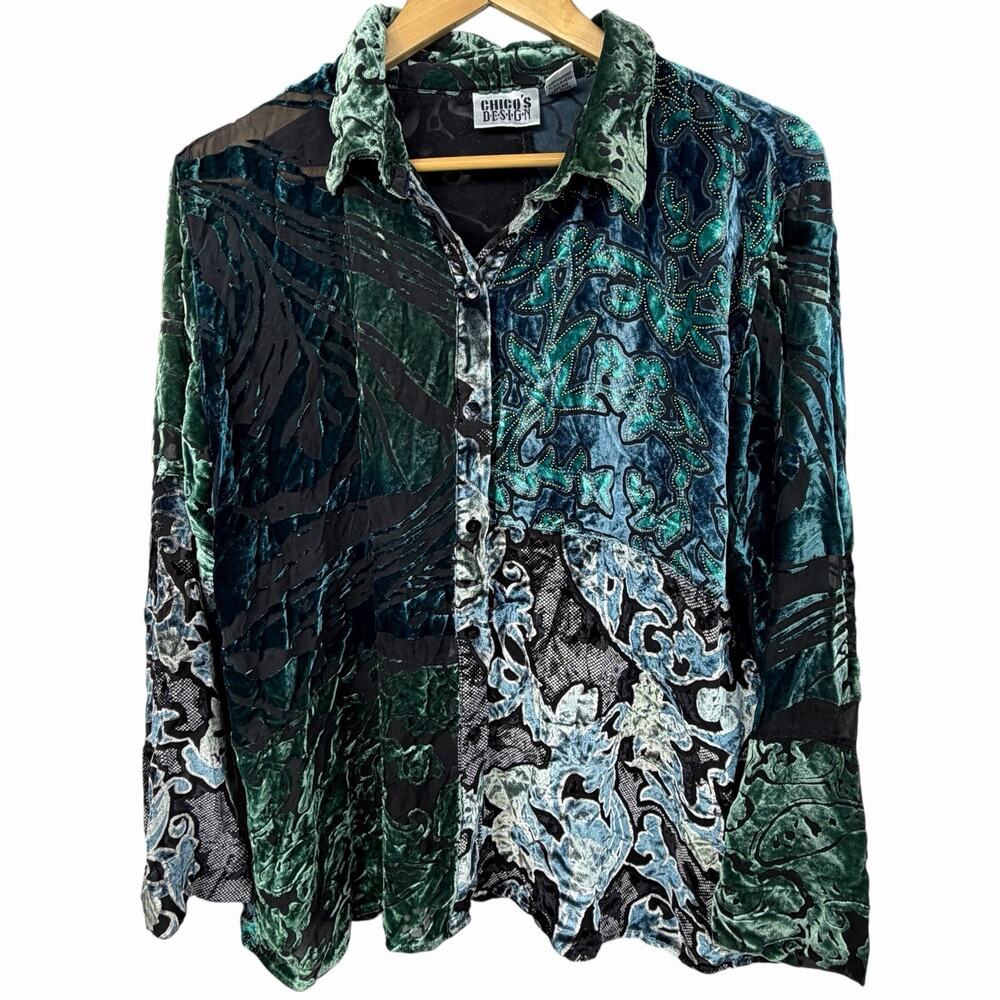 Chico's Green Burn Out Velvet Button Down Shirt Size 3 XL 16